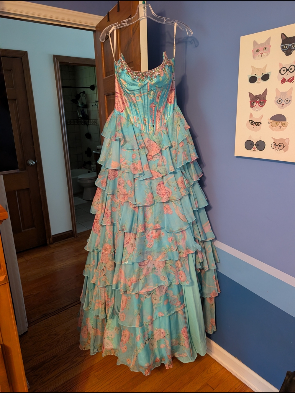 Tiered Floral Ruffle Ball Gown in Aqua and Pink